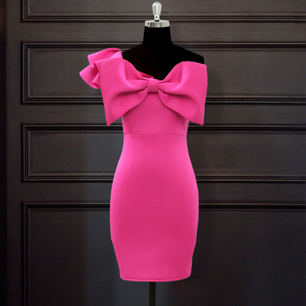 3D Bowknot Sexy One Shoulder Ruffled Bow Slim High Waist Evening Dress Women