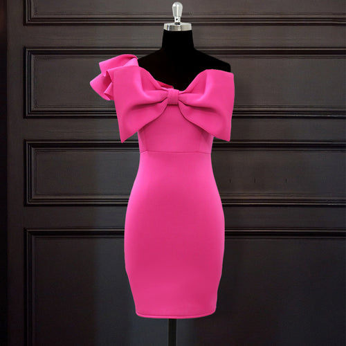 3D Bowknot Sexy One Shoulder Ruffled Bow Slim High Waist Evening Dress Women