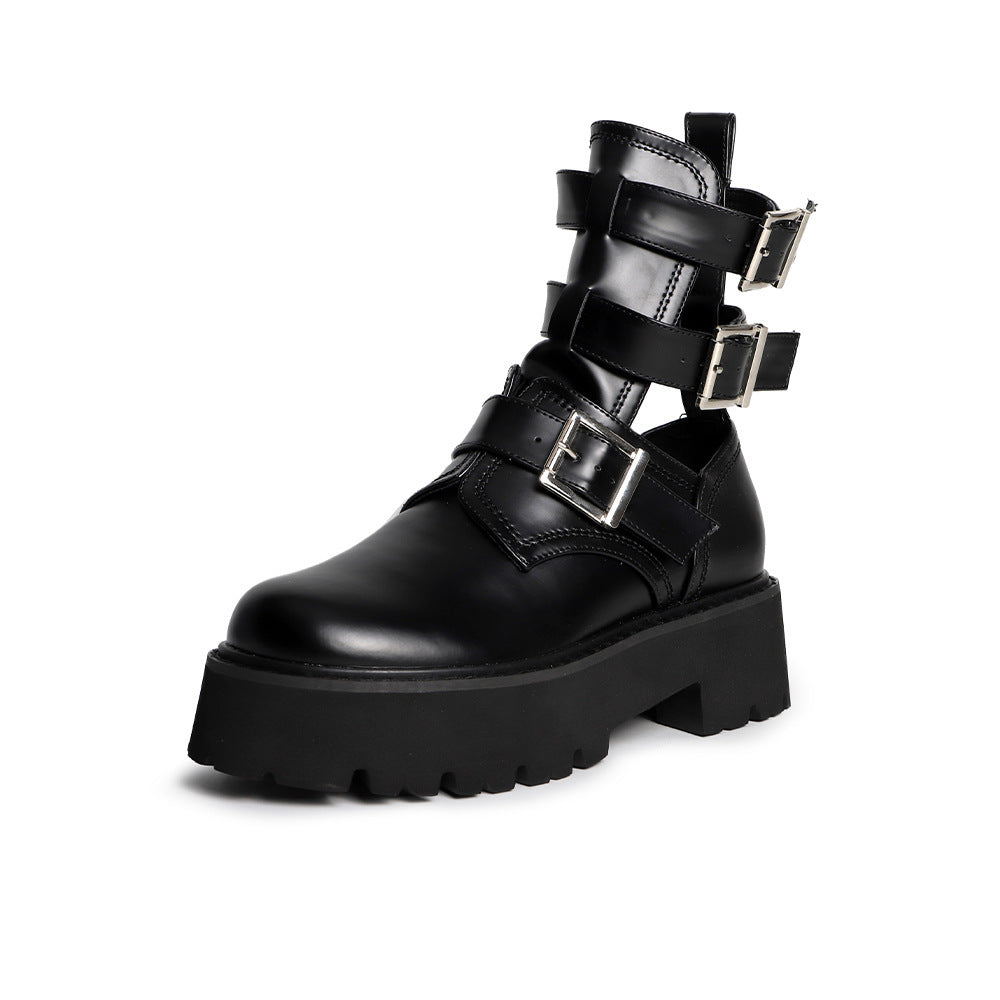Tragen Sie modische Damenstiefel mit rundem Kopf und dicker Sohle