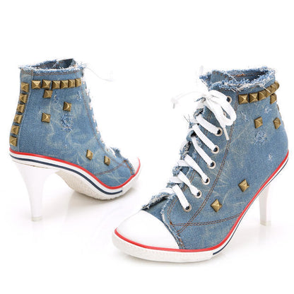 Zapatos de mujer de punta redonda con tacones altos de mezclilla
