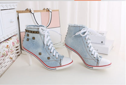 Zapatos de mujer de punta redonda con tacones altos de mezclilla