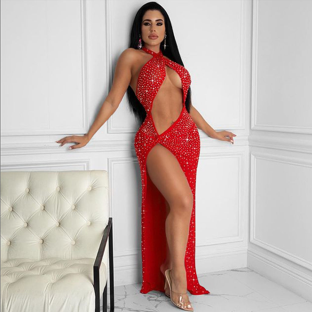 Nightclub Sexy Rhinestone See-Through Women Wrapped Chest Split Dress