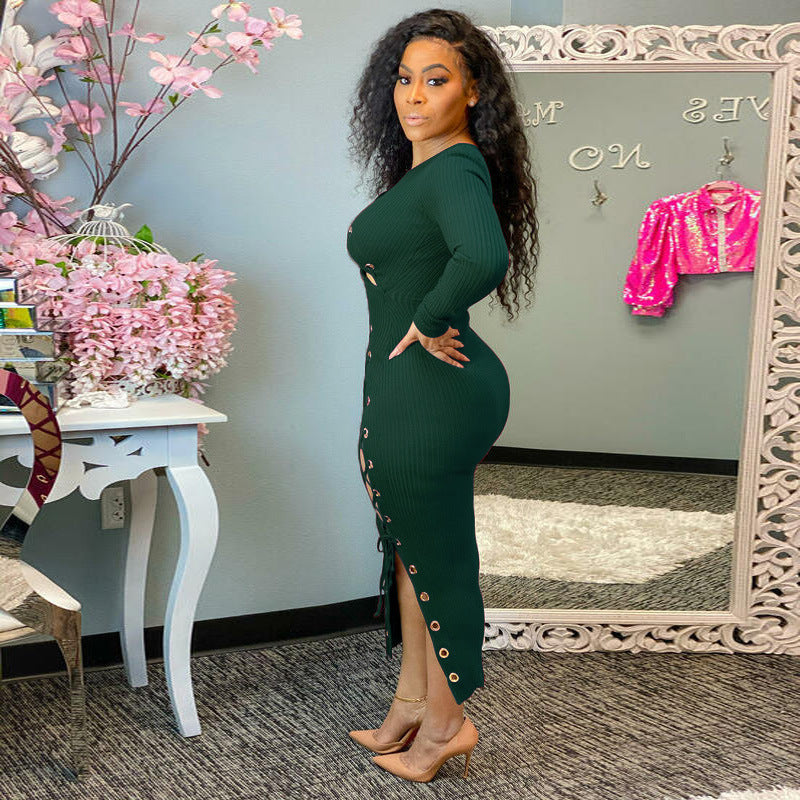 Spring Sunken Stripe Hollow Out Cutout out Strap Sexy Tight Women Dress