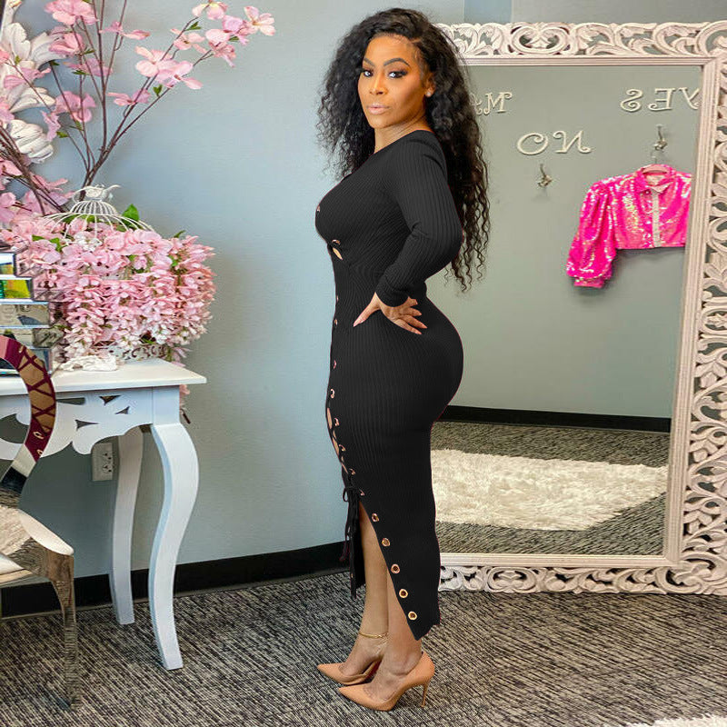 Spring Sunken Stripe Hollow Out Cutout out Strap Sexy Tight Women Dress