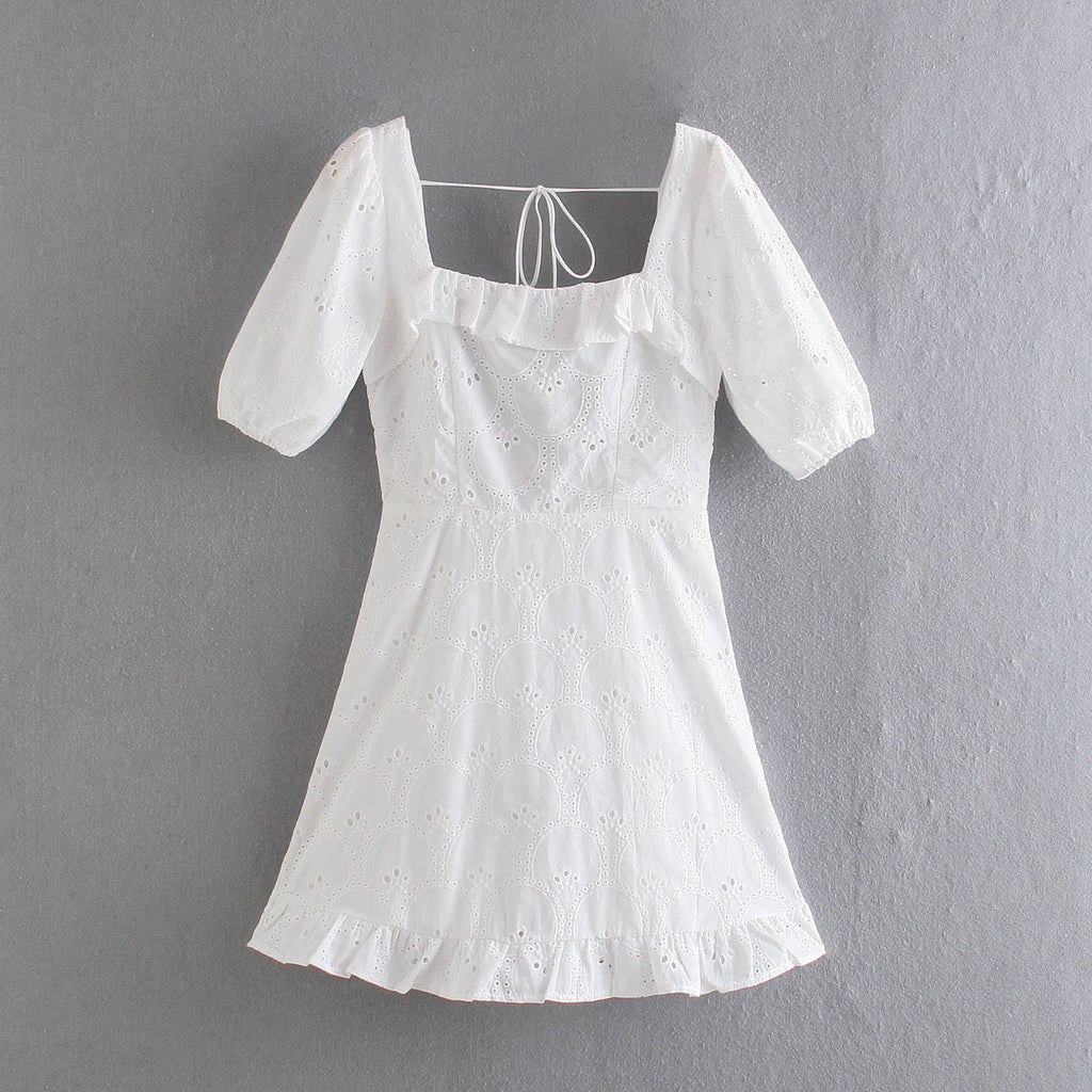 Summer Pullover Square Collar Short Sleeve Backless Back Self-Tie Lace Hollow Out Cutout Dress Women Clothing