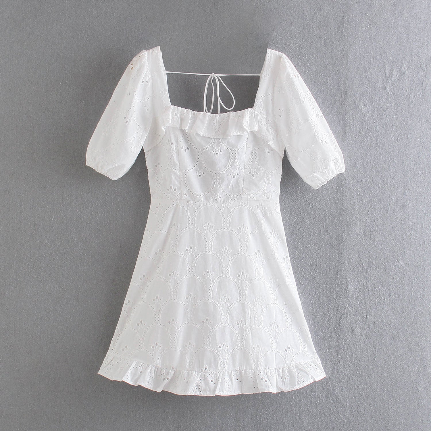 Summer Pullover Square Collar Short Sleeve Backless Back Self-Tie Lace Hollow Out Cutout Dress Women Clothing