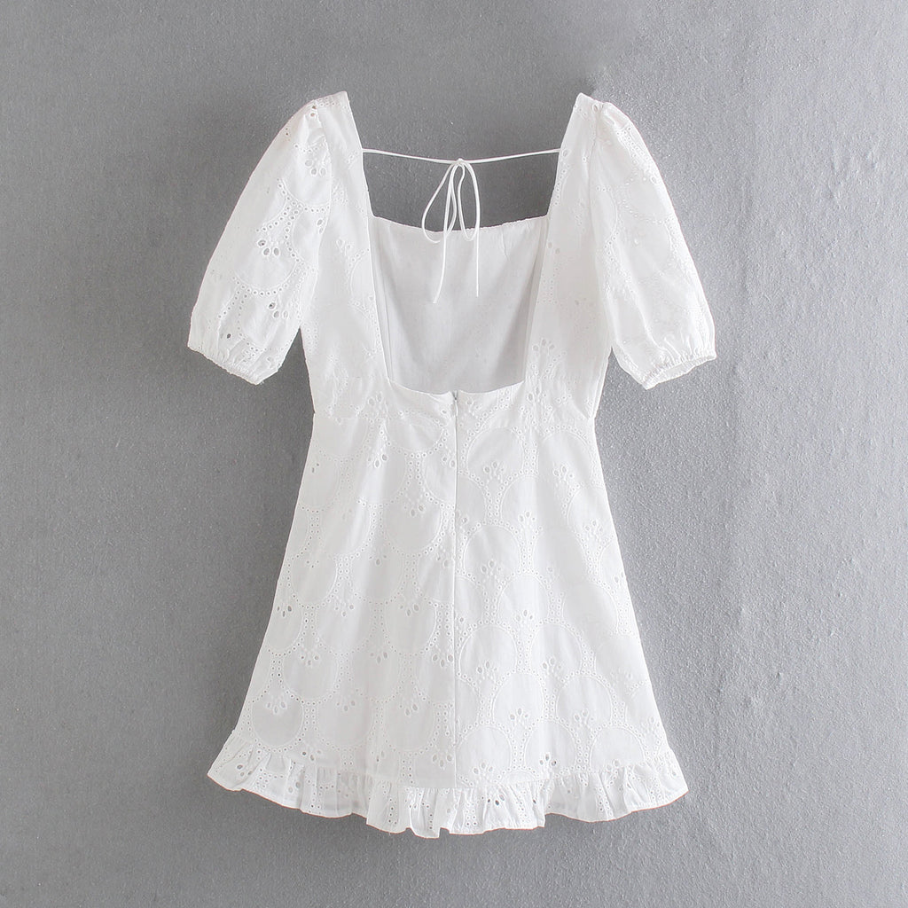 Summer Pullover Square Collar Short Sleeve Backless Back Self-Tie Lace Hollow Out Cutout Dress Women Clothing