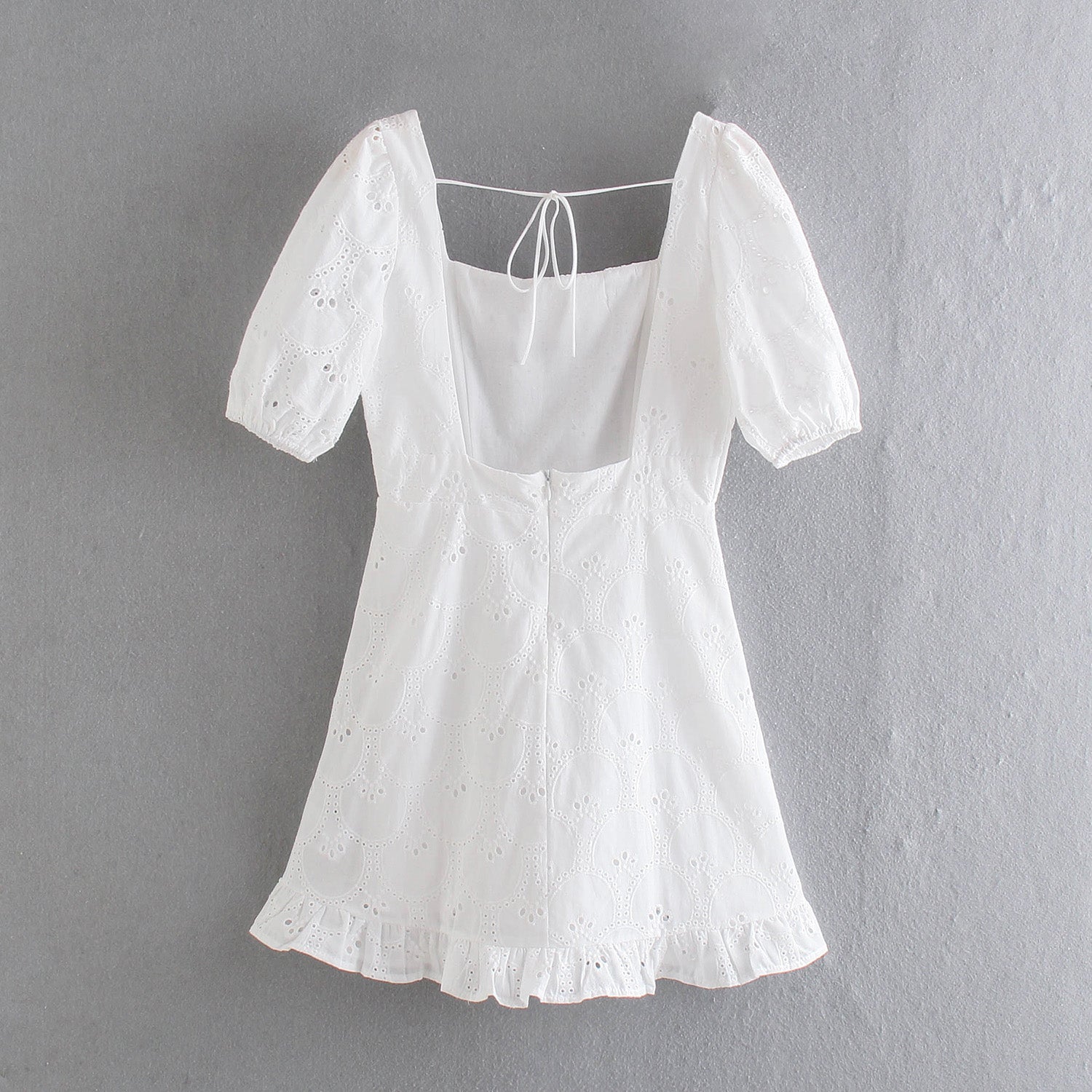 Summer Pullover Square Collar Short Sleeve Backless Back Self-Tie Lace Hollow Out Cutout Dress Women Clothing