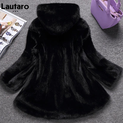 Lautaro - Abrigo de piel sintética de visón suave y grueso para mujer, color negro, cálido, de invierno, con capucha, elegante y lujoso, talla 2022, 4xl, 5xl, 6xl, 7xl