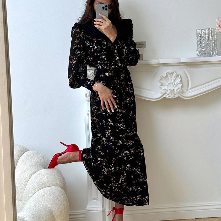 Spring Autumn Ruffled Collared Long Sleeve Retro French Dress Women High Waist Floral Dress