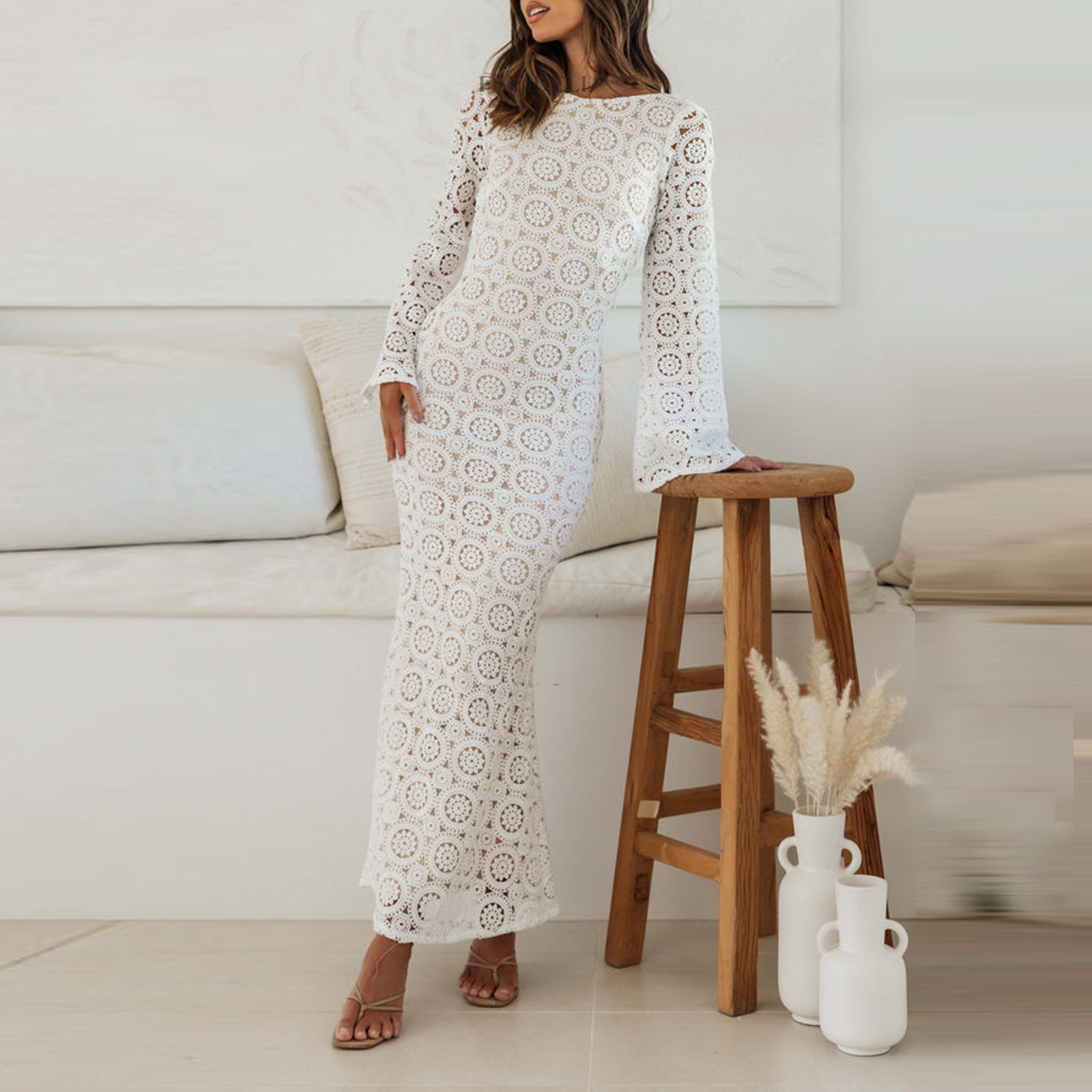 Vacation Dress Summer Sexy Hollow Out Cutout Crochet Knitted Long Sleeve Backless Slim Fit Elegant Dress