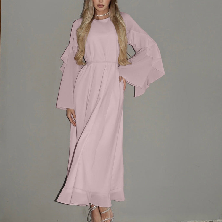 Spring Summer Ruffled Tied Long Sleeve Dress Women Elegant High Grade Pink Dress