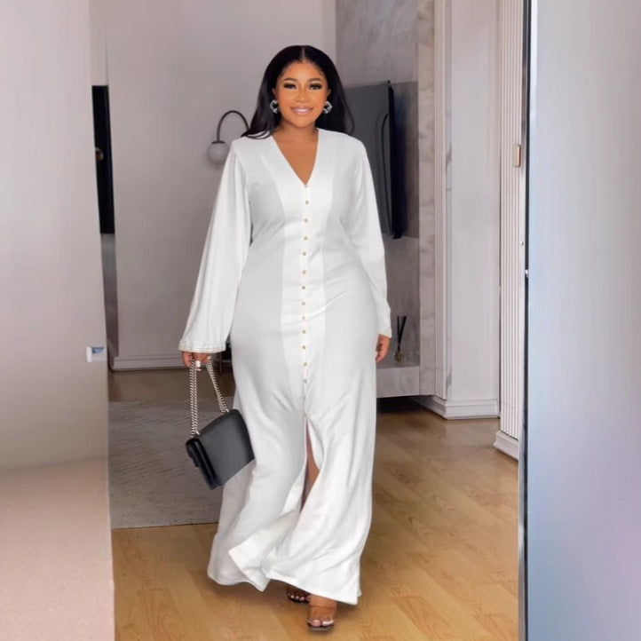 V neck Long Sleeve Waist Split Maxi Dress