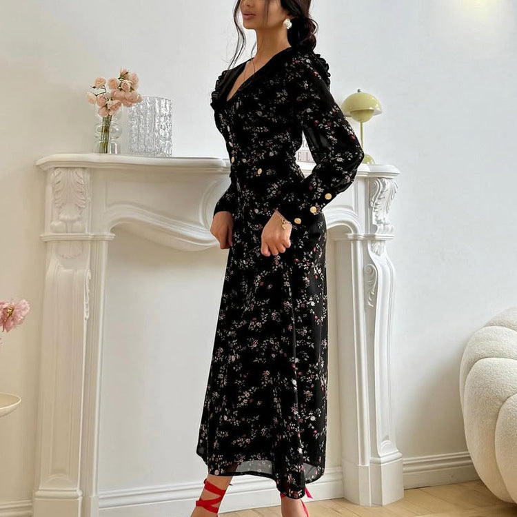 Spring Autumn Ruffled Collared Long Sleeve Retro French Dress Women High Waist Floral Dress