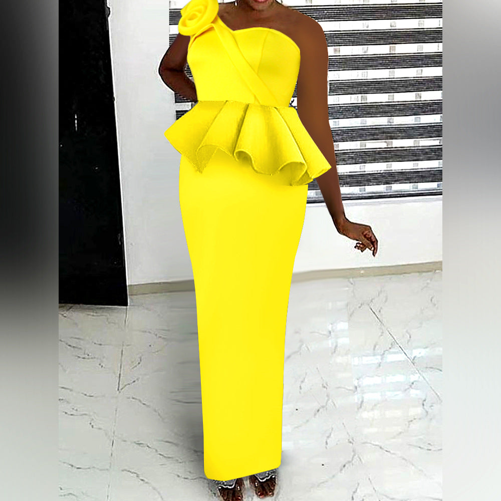 Ruffled One Shoulder Faux Two Piece Dress Light Dress High Waist Slimming Back Slit One Step Dress Yellowdress