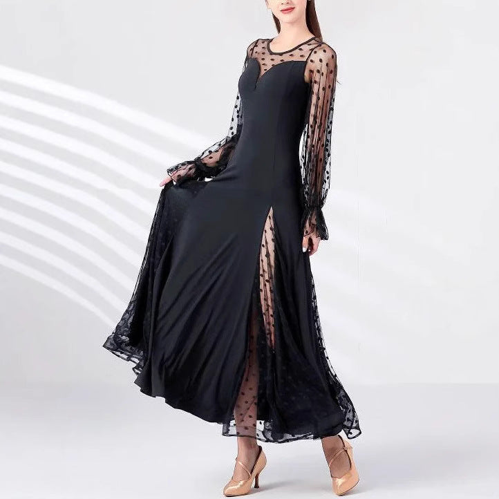 Elegant Women Polka Dot Lace Stitching Long Sleeve Dress Lantern Sleeve Polka Dot Stitching Split Dress