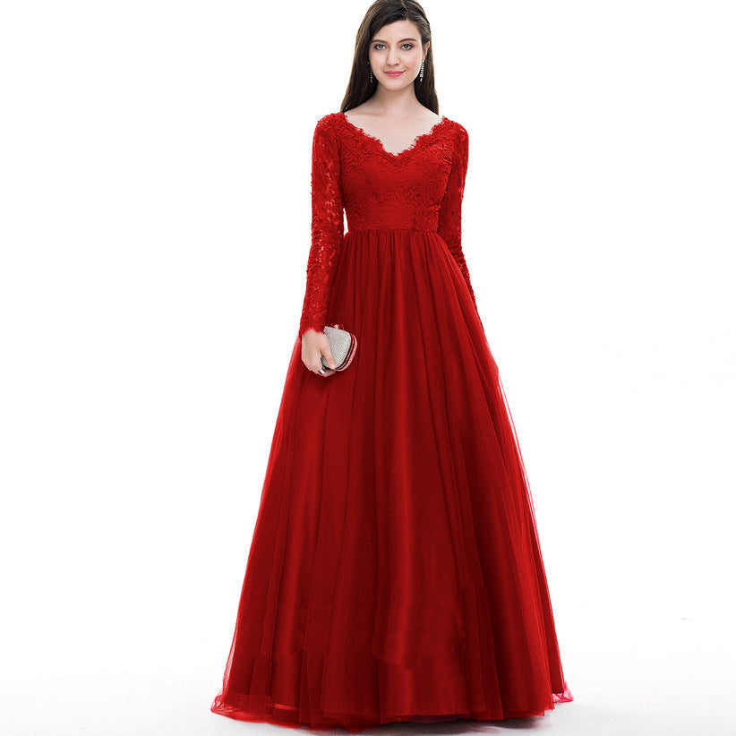Women Mesh Lace Long Sleeve Wedding Bridal Gown Dress Evening Maxi Dress