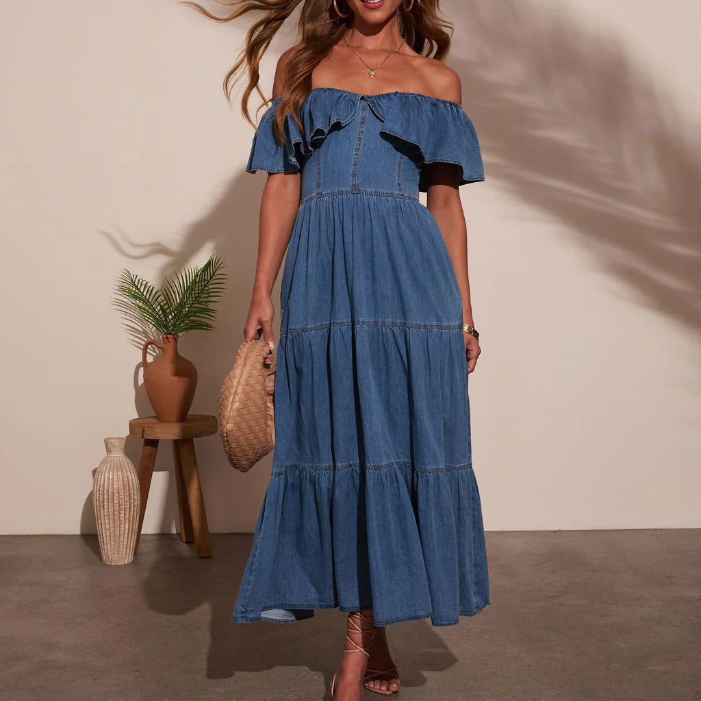 Women Clothing Stylish Loose round Neck Ruffled Swing Denim Dress