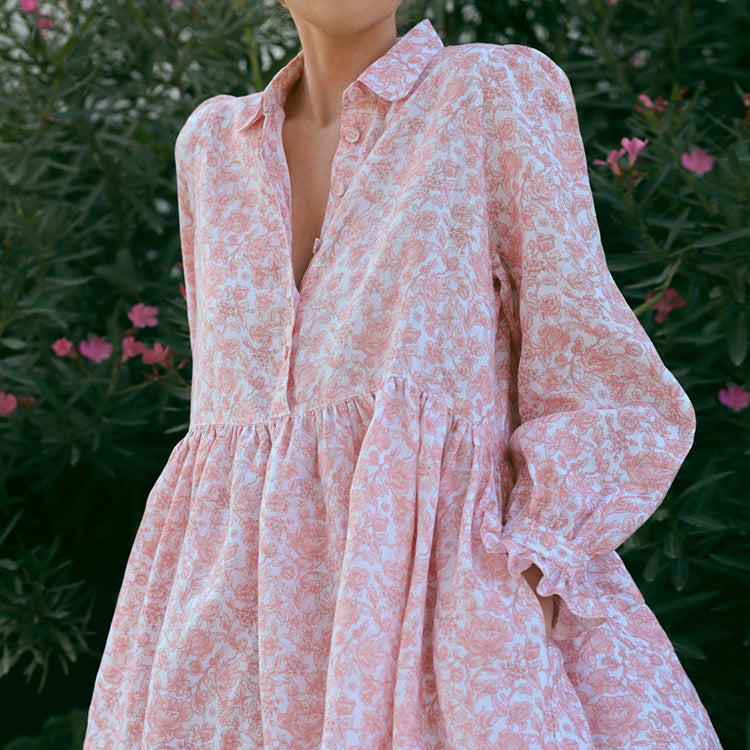Women Clothing Elegant Printed Dress Design Ruffled Collared Long Sleeve Shirt Dress