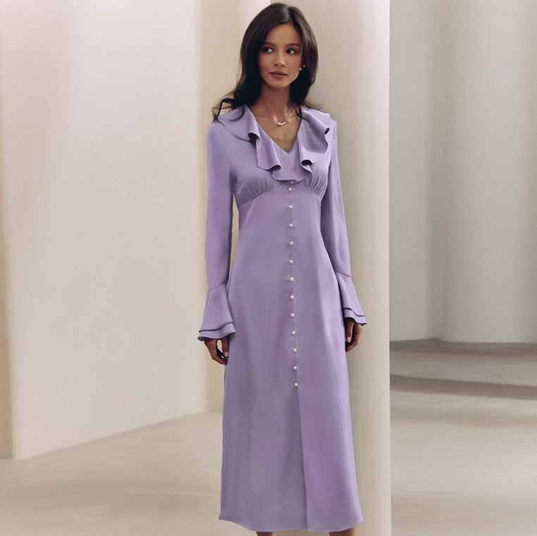 French Imitation Acetate Satin V neck Flared Sleeves High Waist Ruffles Dress Autumn