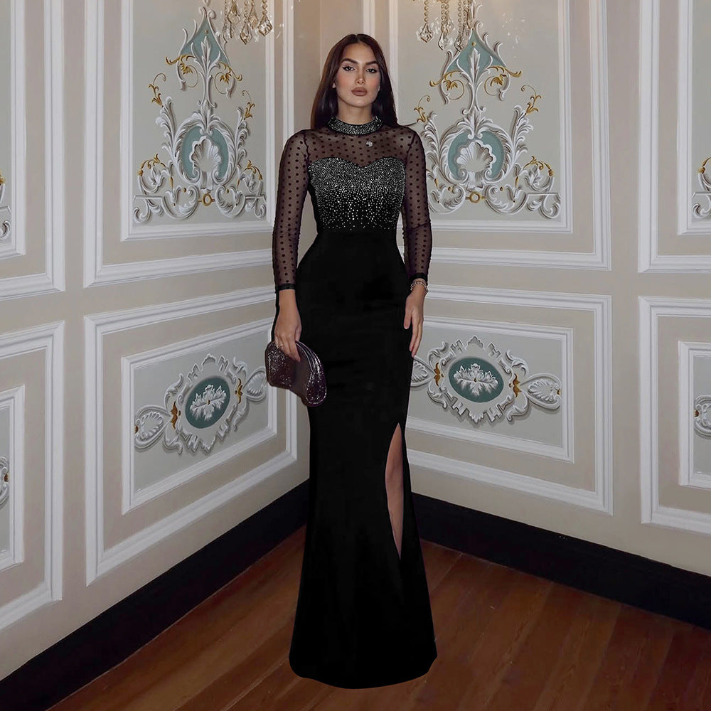 Drilling Mesh Long Sleeve Patchwork Waist Slimming Split Dress Women Slim Fit Long Formal Dress Women