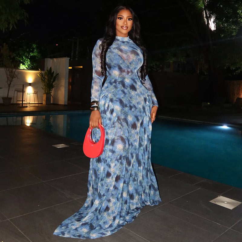Printed Women Waist Slimming A line Turtleneck Print Maxi Dress