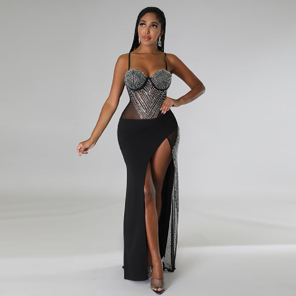 Autumn Sheath Dress Strap Tube Top High Slit Rhinestone Sexy Nightclub Dress