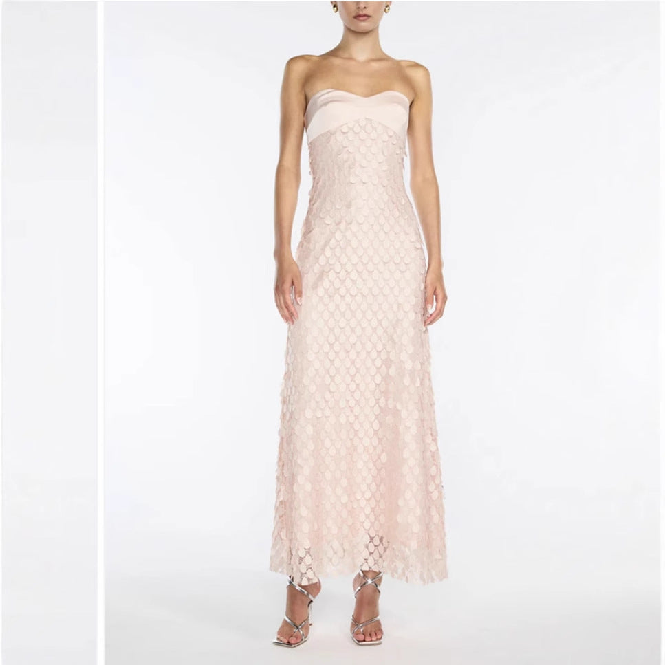 Spring Summer Tube Top Texture Fabric Lace Sequin Backless Maxi Dress