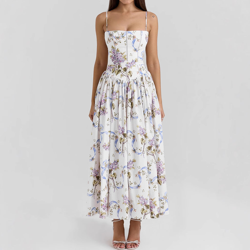 Sexy Printing Slip Dress Summer Slim Fit Backless Maxi Dress Elegant High Sense Summer Beautiful Dress