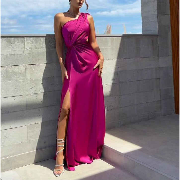 Sexy Women Wear One Shoulder Pleated Split Sexy Satin Dress Elegant Slim Fit