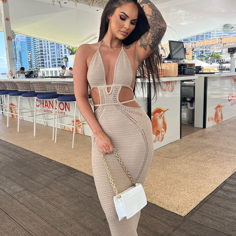 Spring Summer Sexy Lace Up Wrapped Chest Hollow Out Cutout Out Tied Backless Woolen Dress