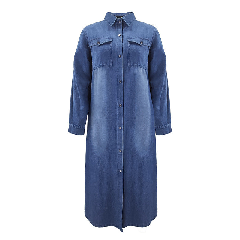 Autumn Winter Thickening Collared Denim Shirt Women Long Sleeve Dress Loose Casual High Quality Artistic Vintage Dress