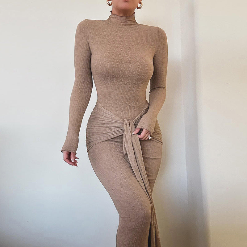 Autumn Commuting Elegant Slim Fit Micro Transparent Honeydew Pattern Knitted Dress