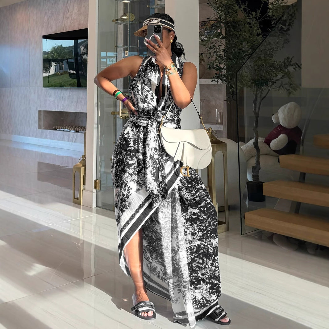 Women Printed Maxi Dress Sexy High Split Elegant Bohemian Dress Containing Belt