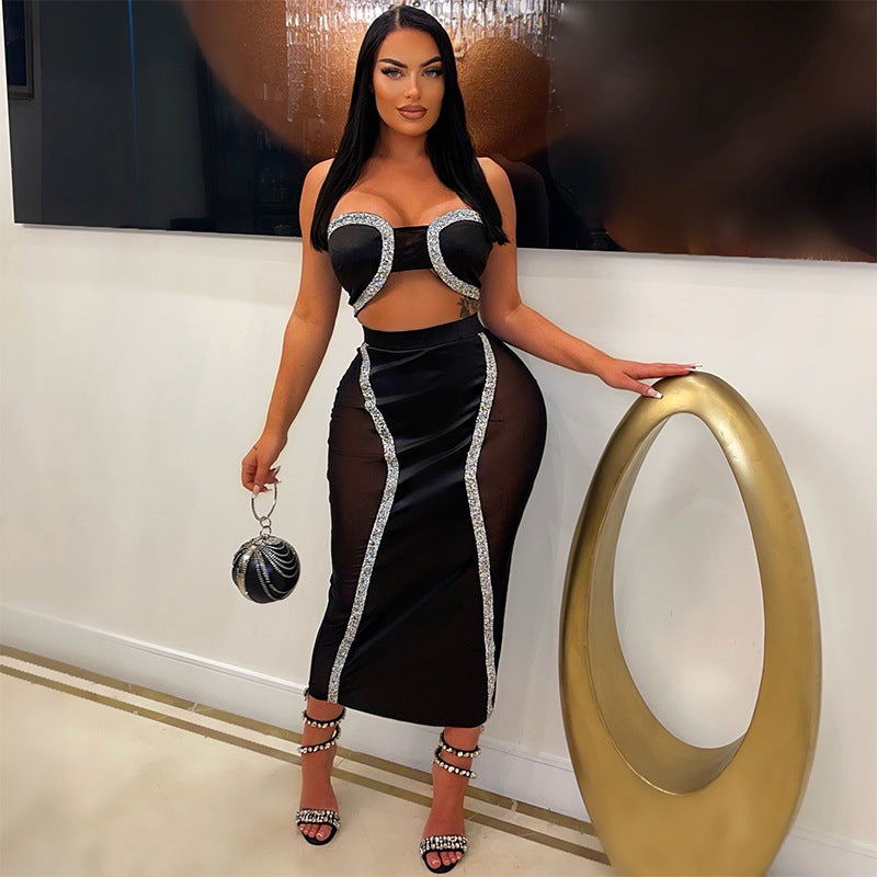 Sexy Bandeau Mesh Drilling Party Maxi Dress