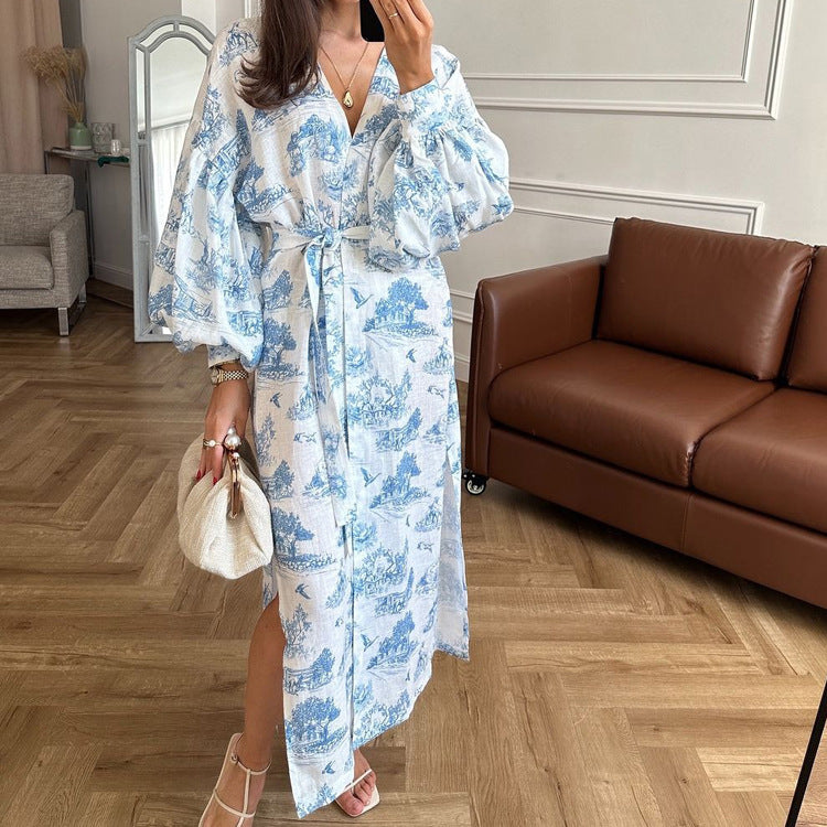 Vintage Ink Print Long-Sleeved Cardigan Tied Dress Women Elegant Elegant V neck Split Dress