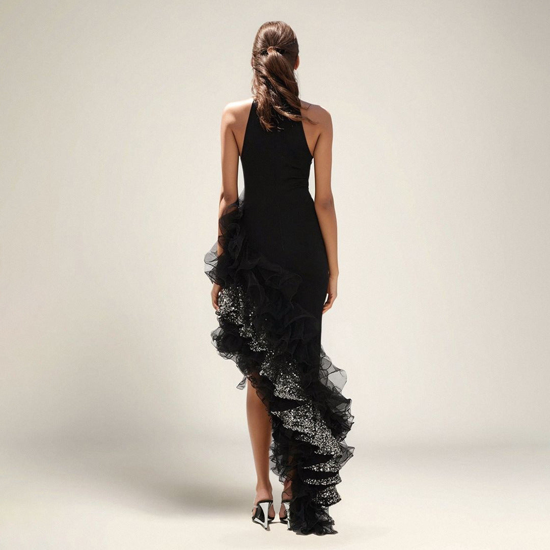 Ruffled Black Mesh Asymmetric Dress Long Party Sexy Cocktail Bandage Dress for Women
