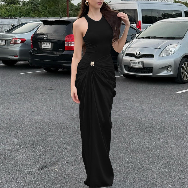 Satin Stitching Metal Buckle round Collar in Black Dress Women Arrival Sexy Dress