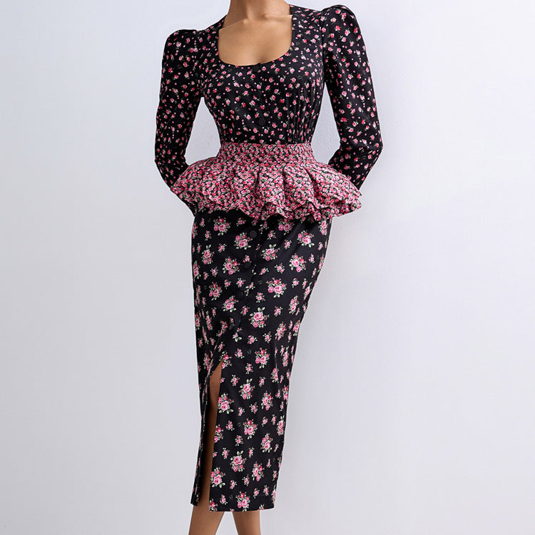 Digital Printing French Dress Women Square Collar 3/4 Sleeve Design Ruffled Waist Seal Floral Dress