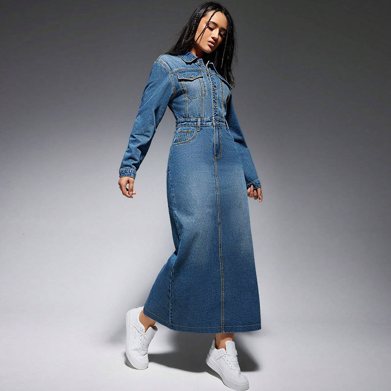 Women Clothing Women Long Sleeve Collared Button Split Maxi Dress
