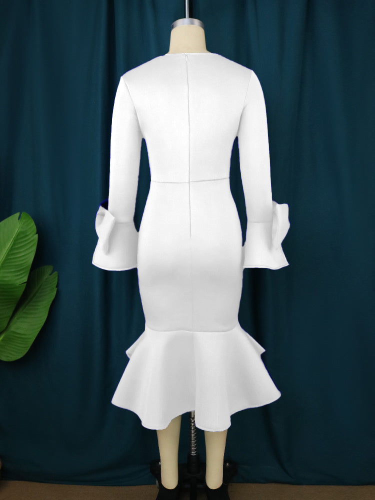 Personality Cutout out Collar Sexy Big Swing Dress Bell Sleeve Fishtail Dress Bodycon Dress