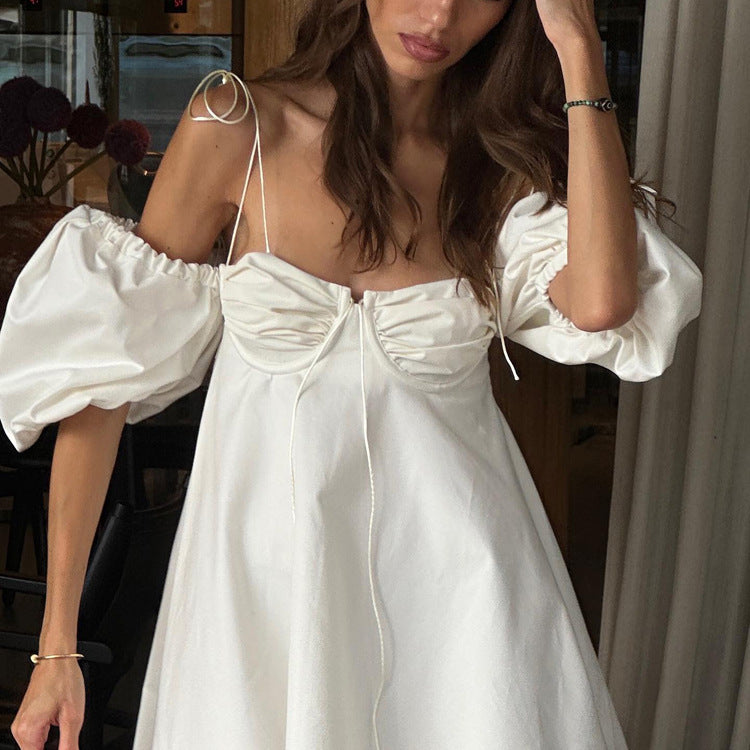Sexy Low Cut off Neck Bubble Sleeve Tube Top Dress Sexy Backless White Cami Dress