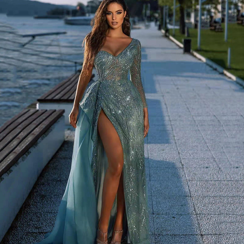Spring Summer Women Clothing Cocktail Evening Dress Sequined Split Host Party Dress
