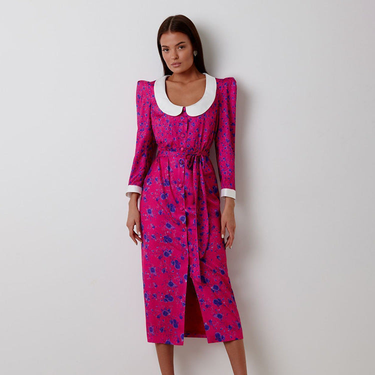 Women Clothing Elegant Printed Dress Three Quarter Sleeve Collared Split Waist Fitted Dress