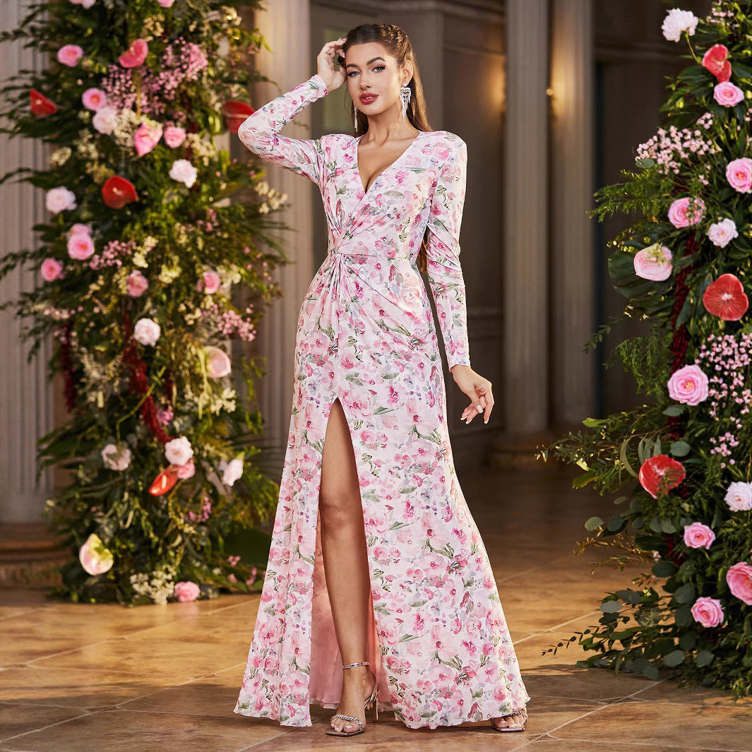 Spring Summer Dress Mesh Floral Print Slim Fit Maxi Dress High Slit V neck Supply