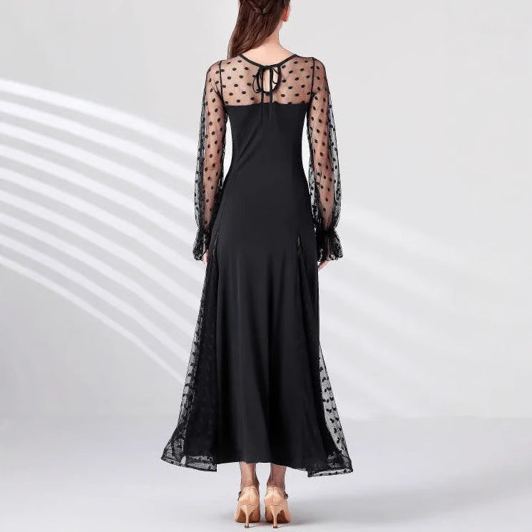 Elegant Women Polka Dot Lace Stitching Long Sleeve Dress Lantern Sleeve Polka Dot Stitching Split Dress