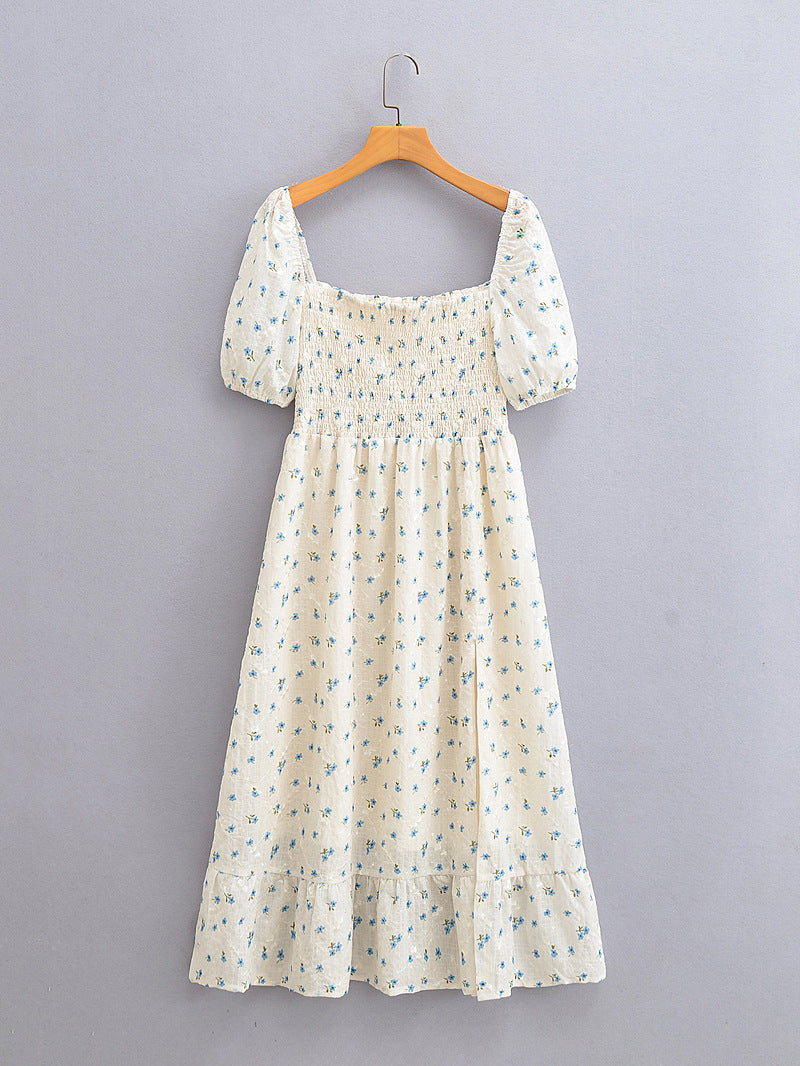 Spring Women Square Collar Elastic Printed Split Short Sleeve Dress