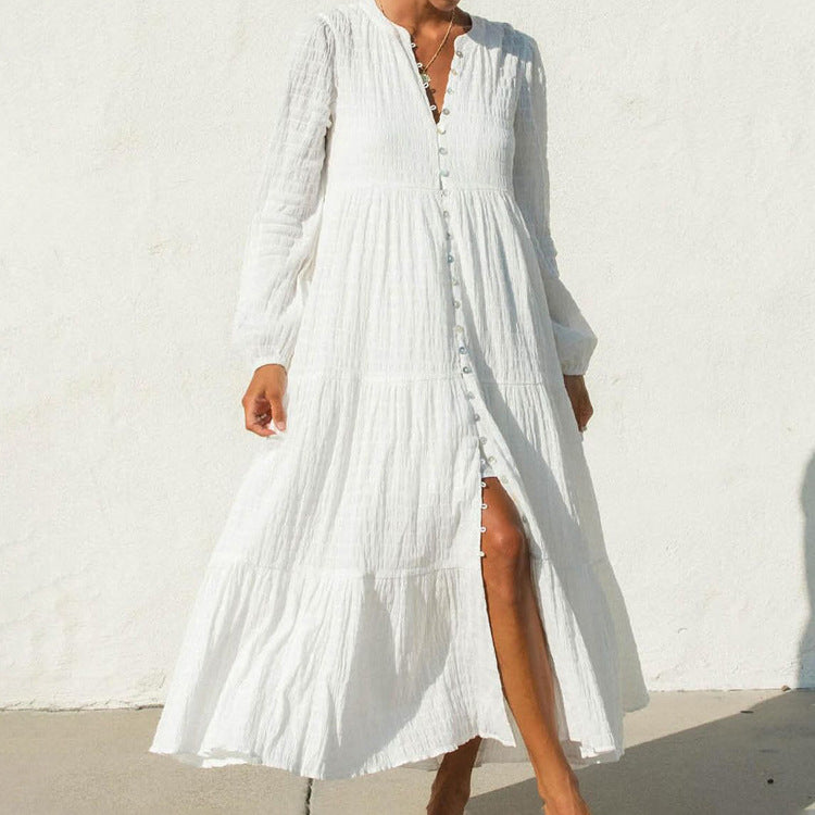 French Cotton Pleated Casual Dress round Neck Long Sleeve Cardigan White Maxi Dress Russian Women Clothing