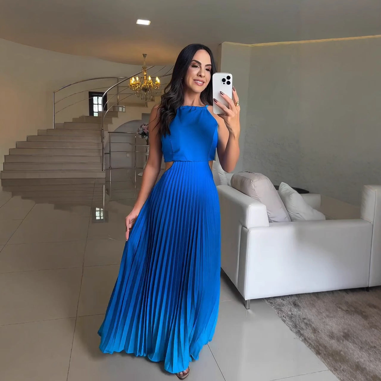 Women Clothing Elegant Halter Pleated Gradient Color Dress Maxi Dress