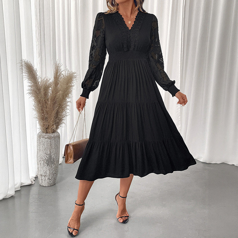 Autumn Sweet Elegant V neck Tight Waist Lace Long Sleeve Solid Color Dress Women